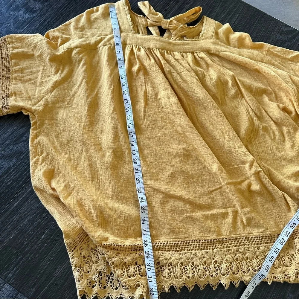 Free People Golden Yellow Oversized Crochet Trim Tie Back Tunic Dress, Large